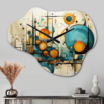 Teal Yellow Abstract Fractal Collage Melodies I - Asymmetric Metal Wall Clock
